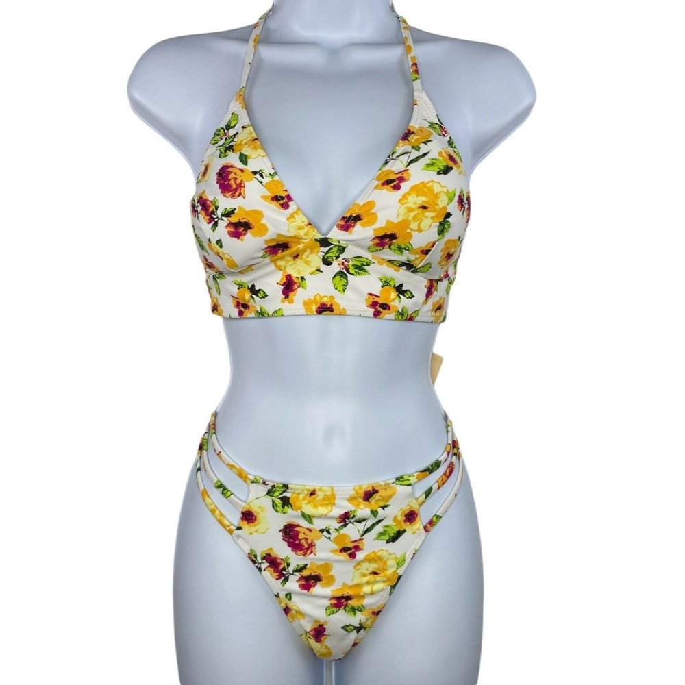 Cabana Del Sol Womens 2‎ Piece Bikini Swimsuit Floral White Yellow Strappy Sz L
